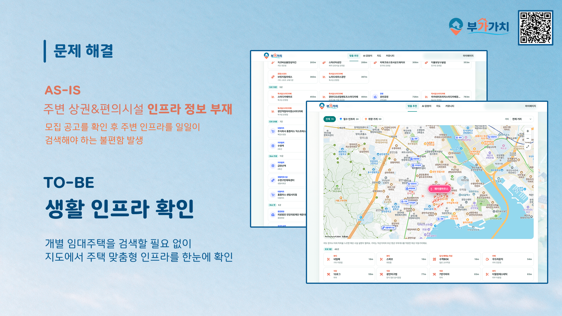 지도에서 주변 생활 인프라를 확인하는 화면